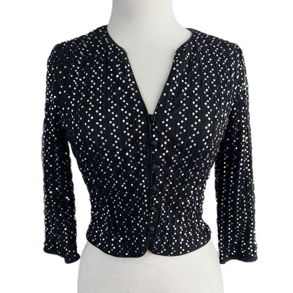 Vintage Patra Black/Silver Sequin Button Up Crop Top | Size 4 - Picture 1 of 7